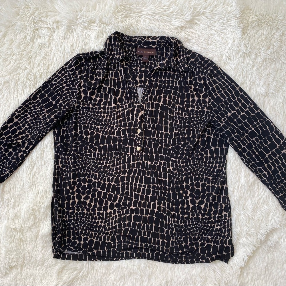 🍁 3/$25 🍁 Dana Buchman Patterned Blouse | Black & Beige | Large